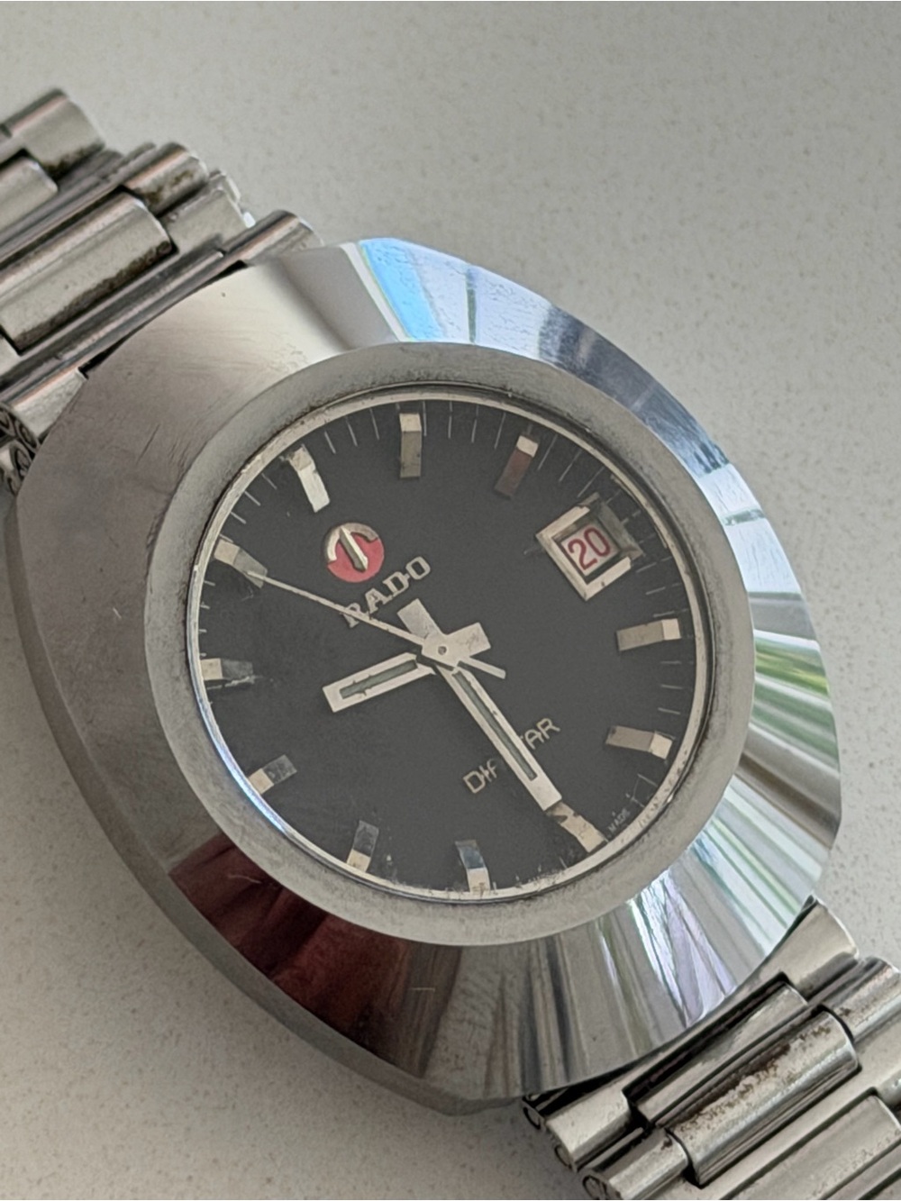 Rado Vintage Stainless Steel Watch with Black Dial and Red Logo